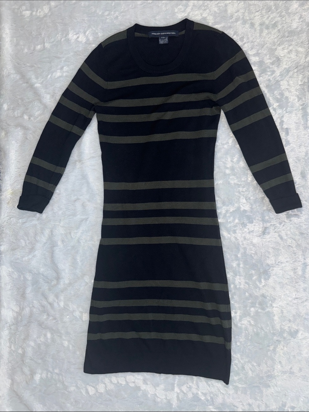 French Connection Black and Olive Striped Long-Sleeve Dress